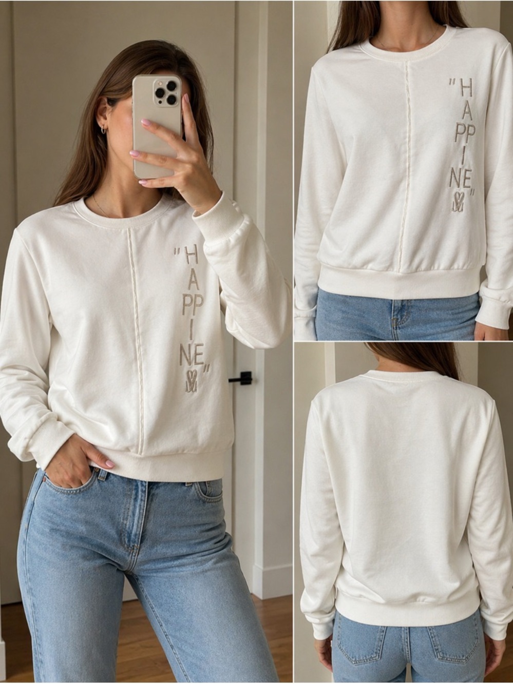 SACOFONO Cream Sweatshirt “Happiness” Minimalist Size S/M